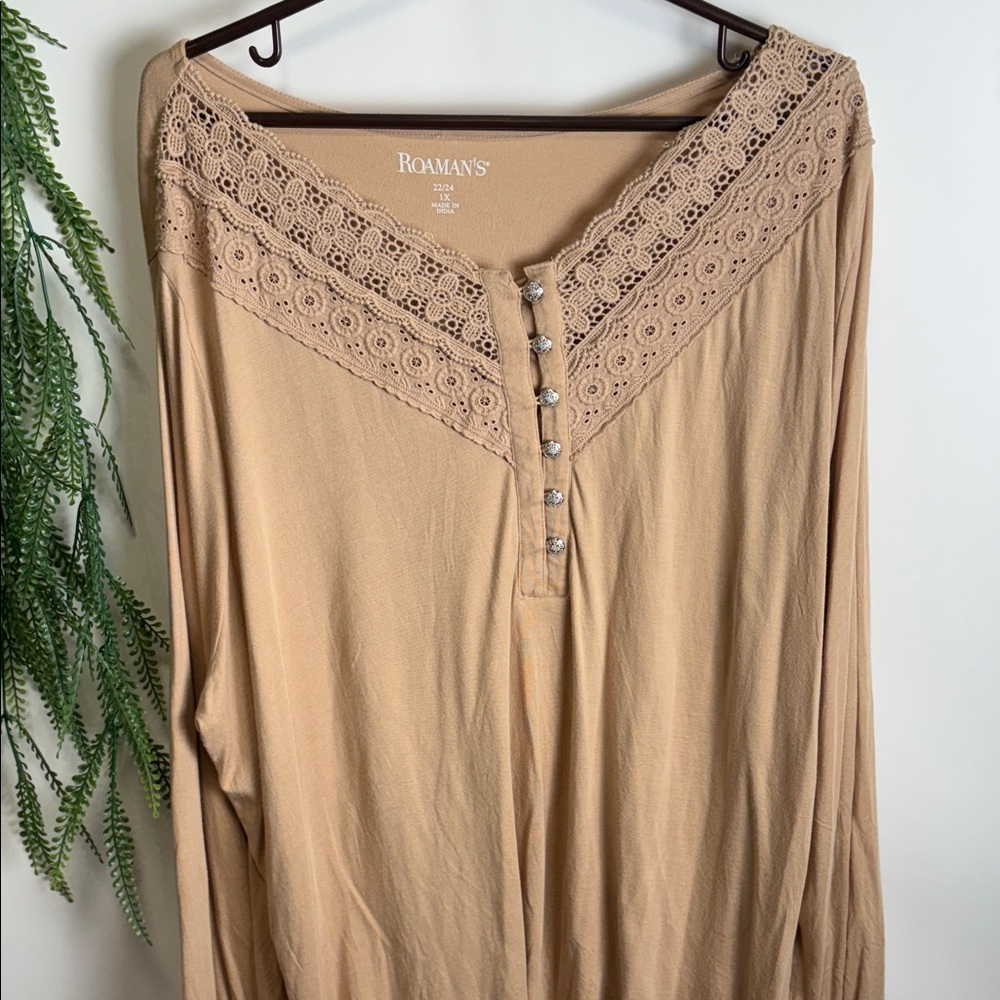 Roaman's Tan Lace Detail Blouse